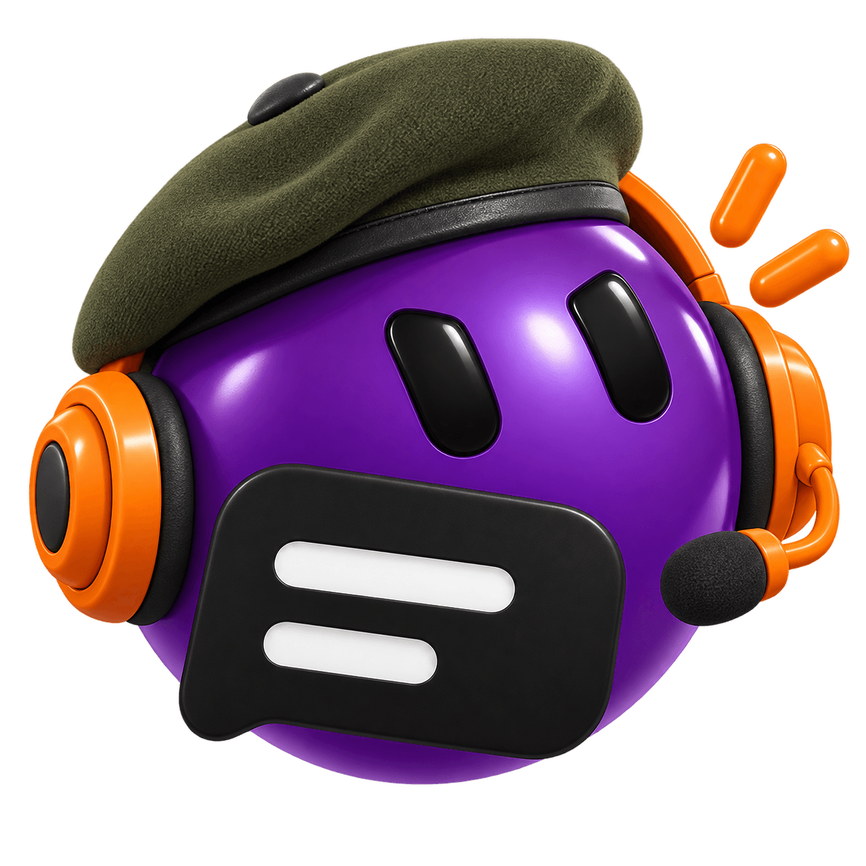 Trenchradio, plum bot with broadcast headset and beret